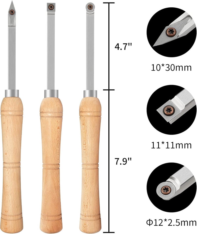 DEEFIINE 3CPS Carbide Tip Wood Lathe Turning ToolS,MINI-SIZE WOOD TURNING TOOLS FOR LATHE SET(Beech handle) - Image 2